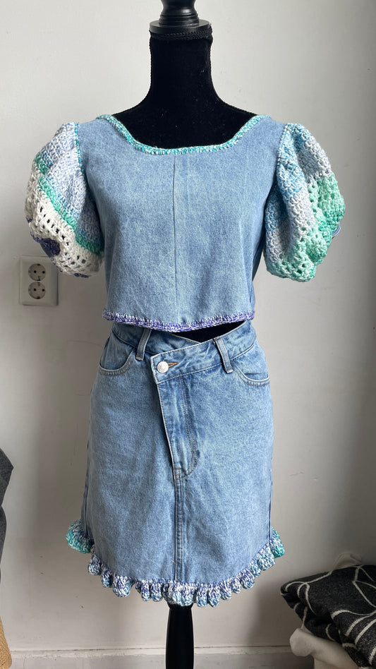 Light washed Denim  Skirt with puff sleeves Top